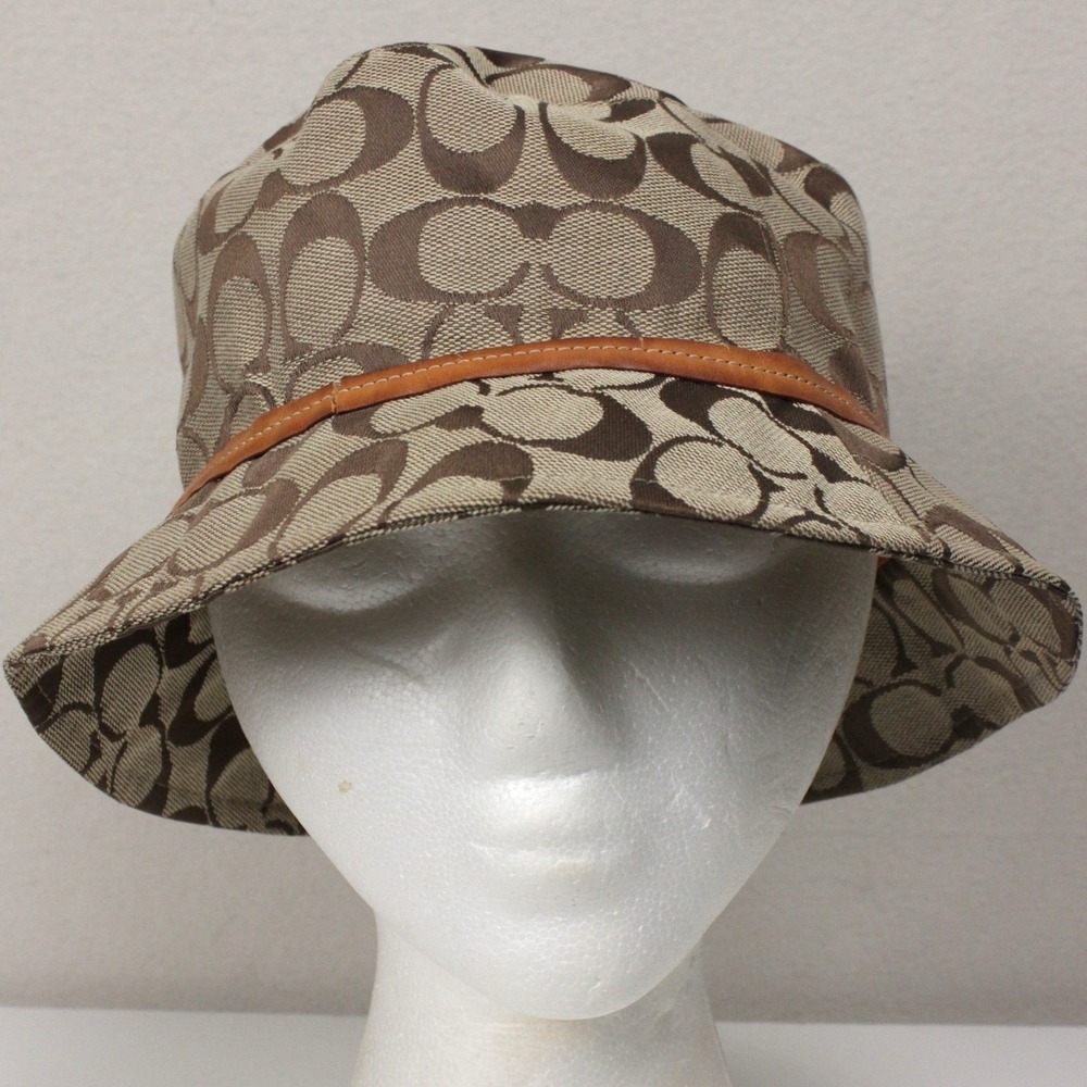 Vintage Coach P/S Signature C‎ Monogram Jacquard Bucket Hat Leather Band Y2K
